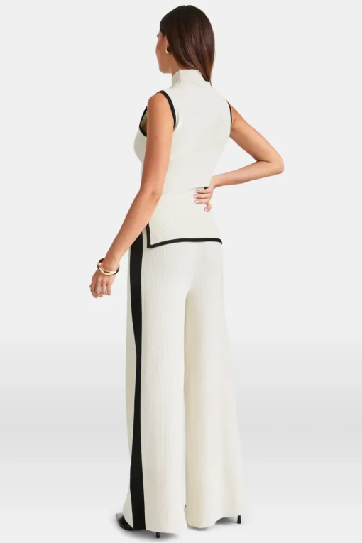 Sleeveless Mock Neck Ribbed Knit Tank - Buttermilk And Black