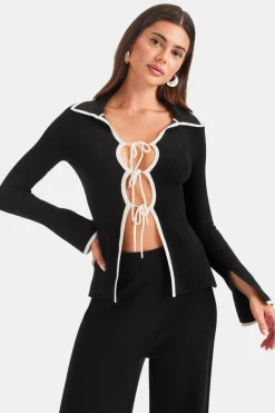 Slim Fit Long Sleeve Ribbed Knit Tie Top - Black And Buttermilk