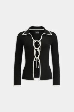 Slim Fit Long Sleeve Ribbed Knit Tie Top - Black And Buttermilk