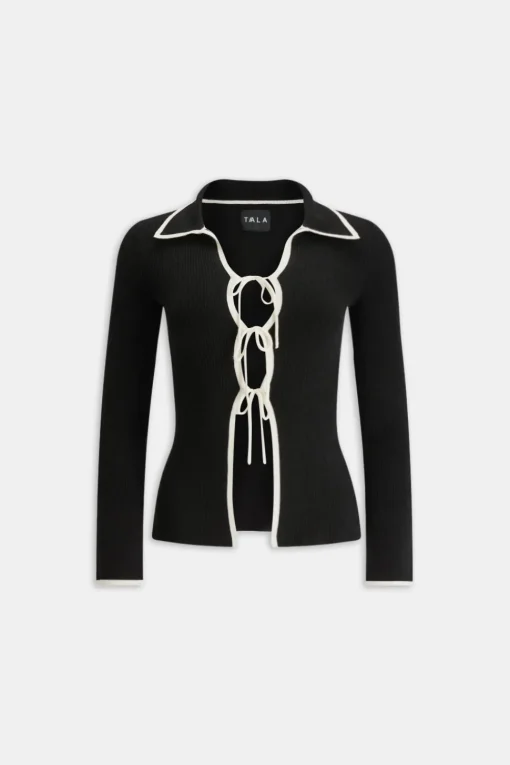 Slim Fit Long Sleeve Ribbed Knit Tie Top - Black And Buttermilk