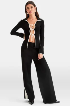 Slim Fit Long Sleeve Ribbed Knit Tie Top - Black And Buttermilk