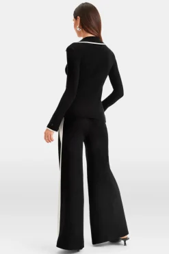 Slim Fit Long Sleeve Ribbed Knit Tie Top - Black And Buttermilk