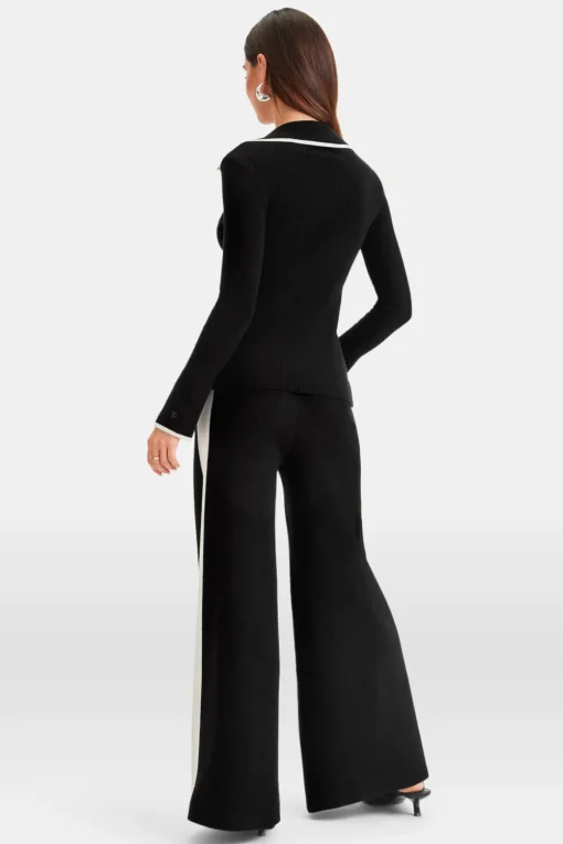 Slim Fit Long Sleeve Ribbed Knit Tie Top - Black And Buttermilk