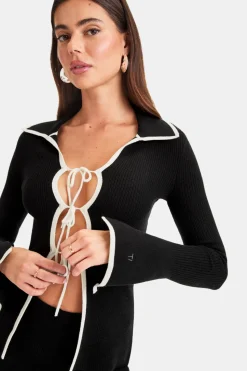 Slim Fit Long Sleeve Ribbed Knit Tie Top - Black And Buttermilk