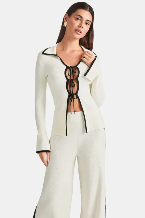 Slim Fit Long Sleeve Ribbed Knit Tie Top - Buttermilk And Black