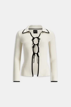 Slim Fit Long Sleeve Ribbed Knit Tie Top - Buttermilk And Black