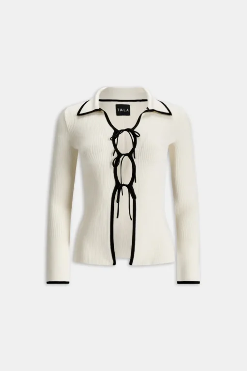 Slim Fit Long Sleeve Ribbed Knit Tie Top - Buttermilk And Black