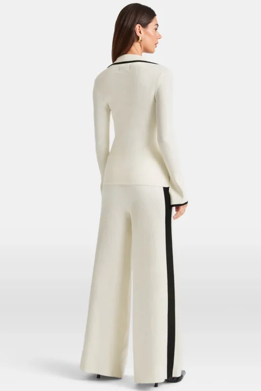Slim Fit Long Sleeve Ribbed Knit Tie Top - Buttermilk And Black