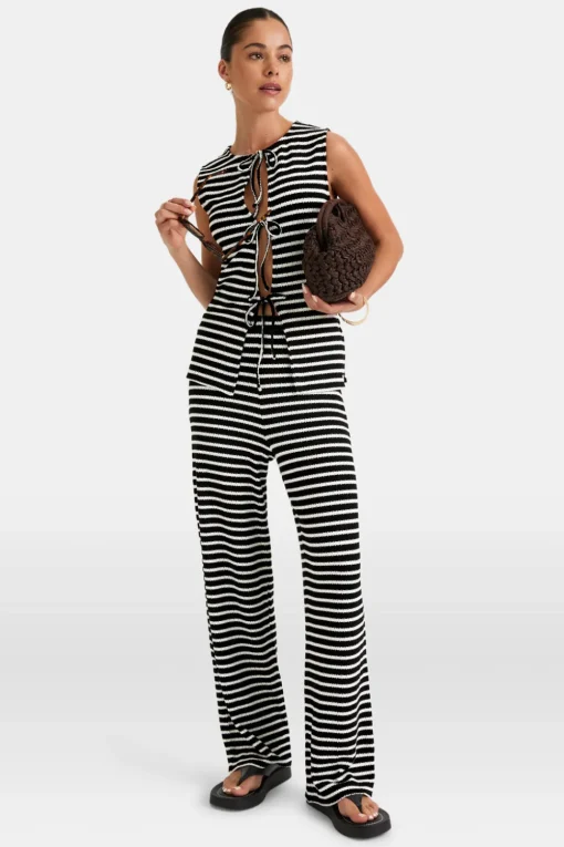 Stripe Knit Tie Detail Top - Black & White Stripe