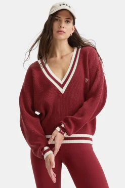 V Neck Knitted Cricket Jumper - Vintage Red & Ivory