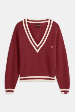V Neck Knitted Cricket Jumper - Vintage Red & Ivory