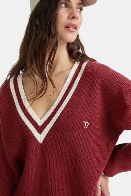 V Neck Knitted Cricket Jumper - Vintage Red & Ivory