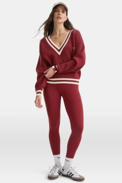 V Neck Knitted Cricket Jumper - Vintage Red & Ivory