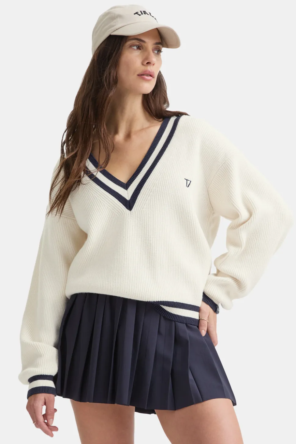 V Neck Knitted Cricket Jumper - Ivory & Midnight Navy