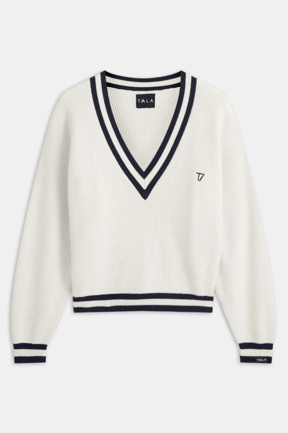 V Neck Knitted Cricket Jumper - Ivory & Midnight Navy