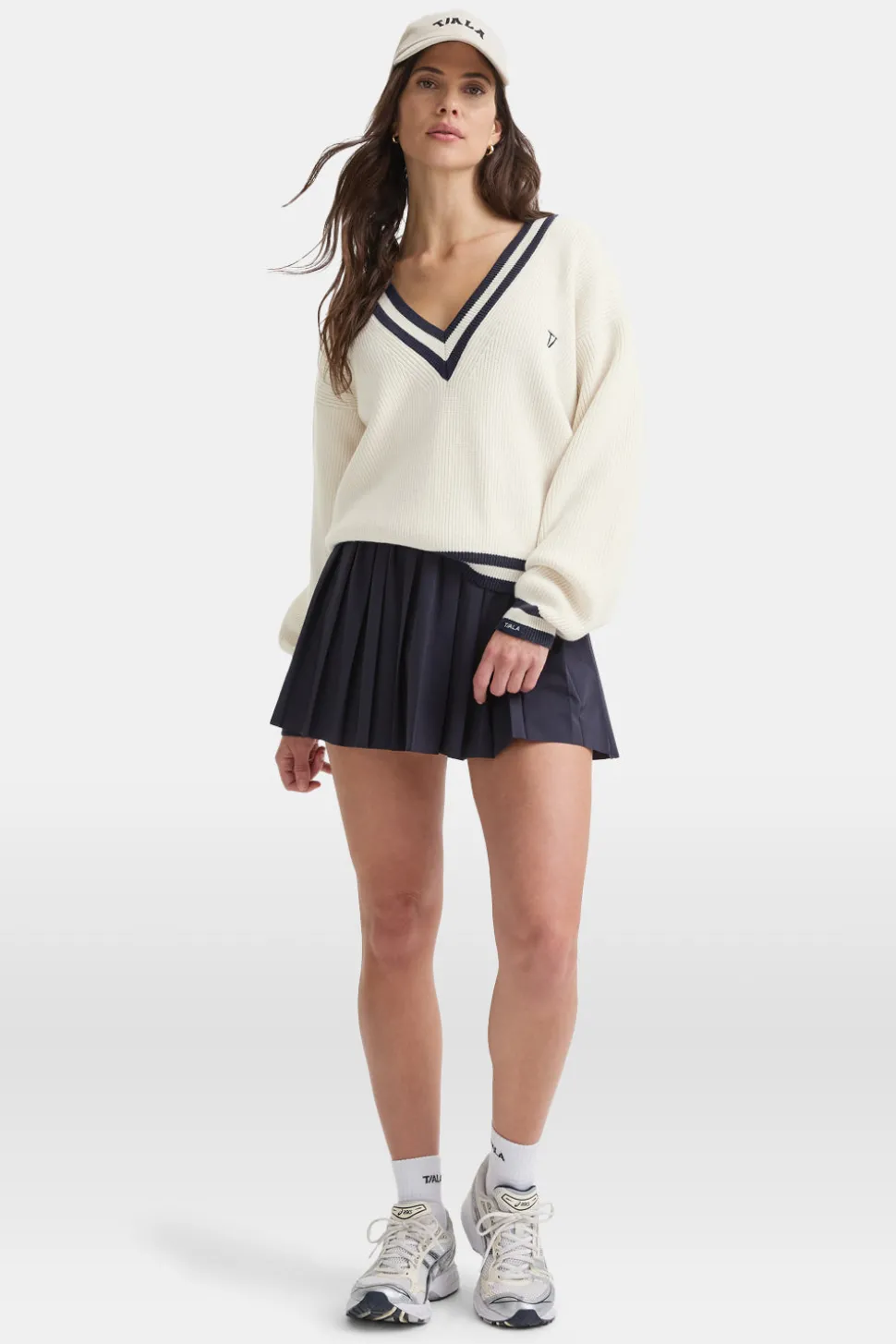 V Neck Knitted Cricket Jumper - Ivory & Midnight Navy