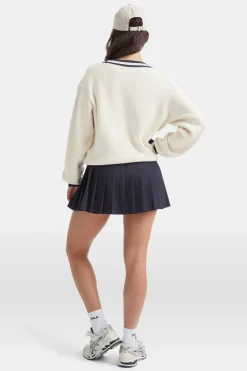 V Neck Knitted Cricket Jumper - Ivory & Midnight Navy