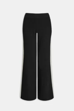 Wide Leg Contrast Ribbed Knit Trousers - Black And Buttermilk