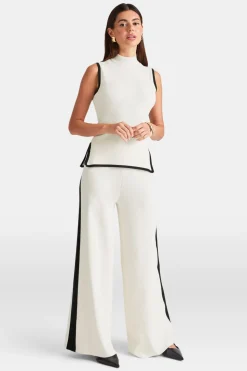 Wide Leg Contrast Ribbed Knit Trousers - Buttermilk And Black