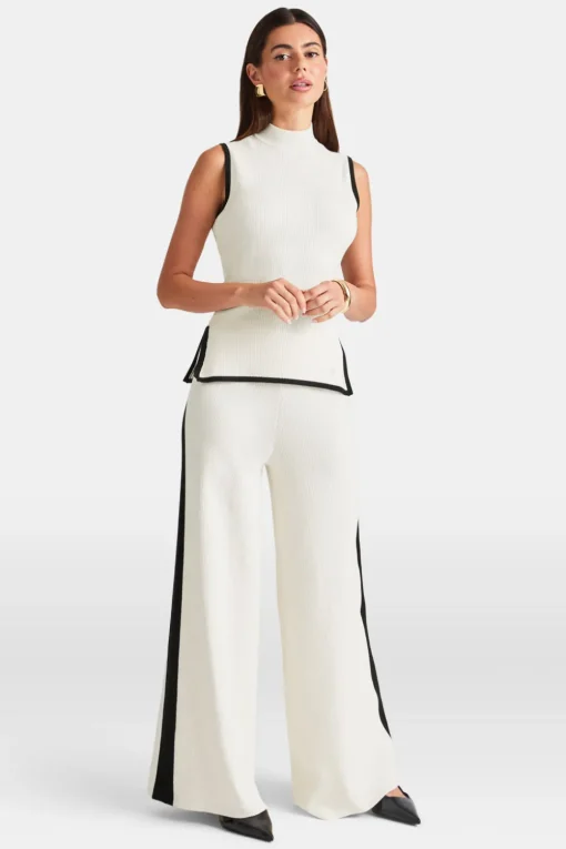 Wide Leg Contrast Ribbed Knit Trousers - Buttermilk And Black